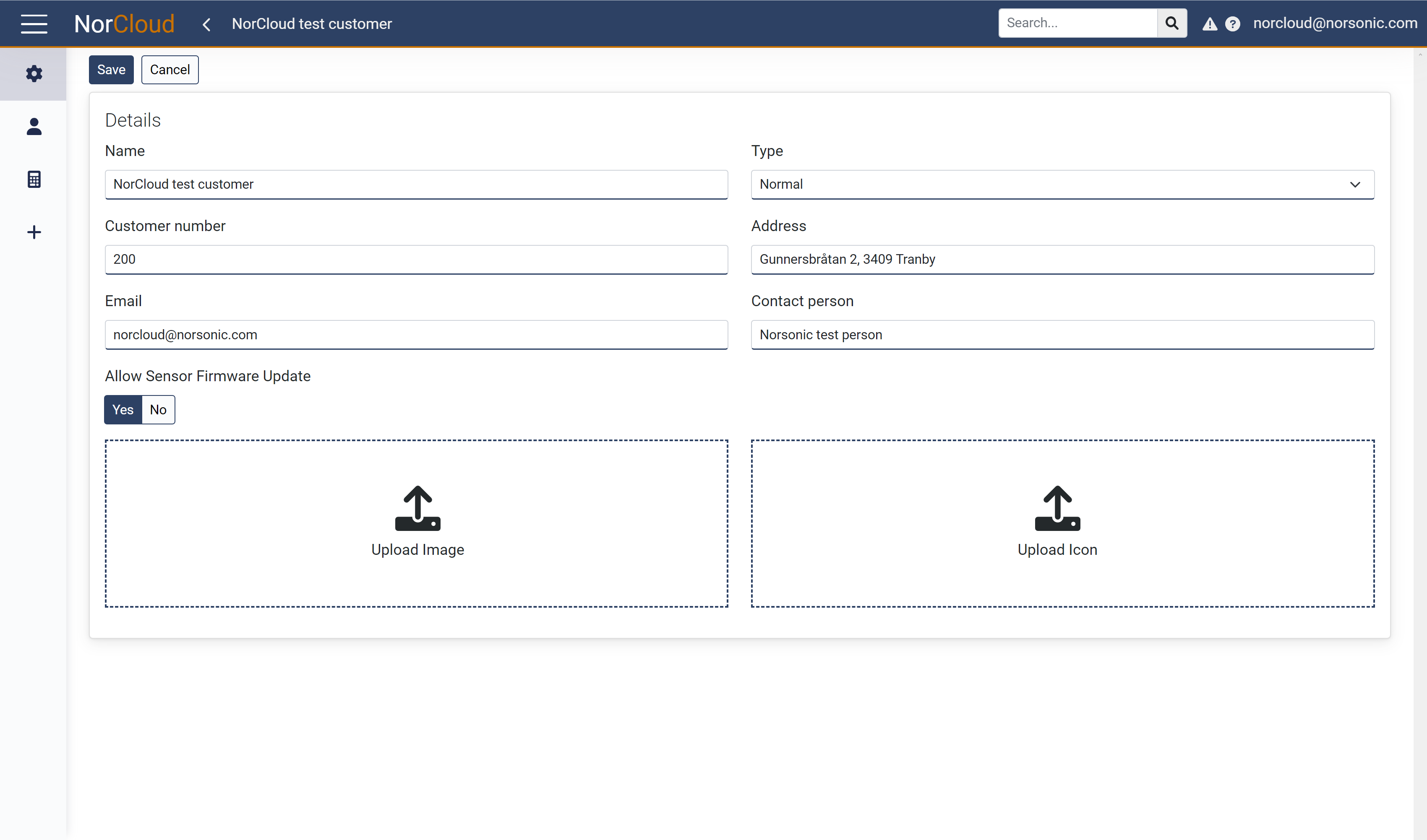 Customer settings with filled in example information